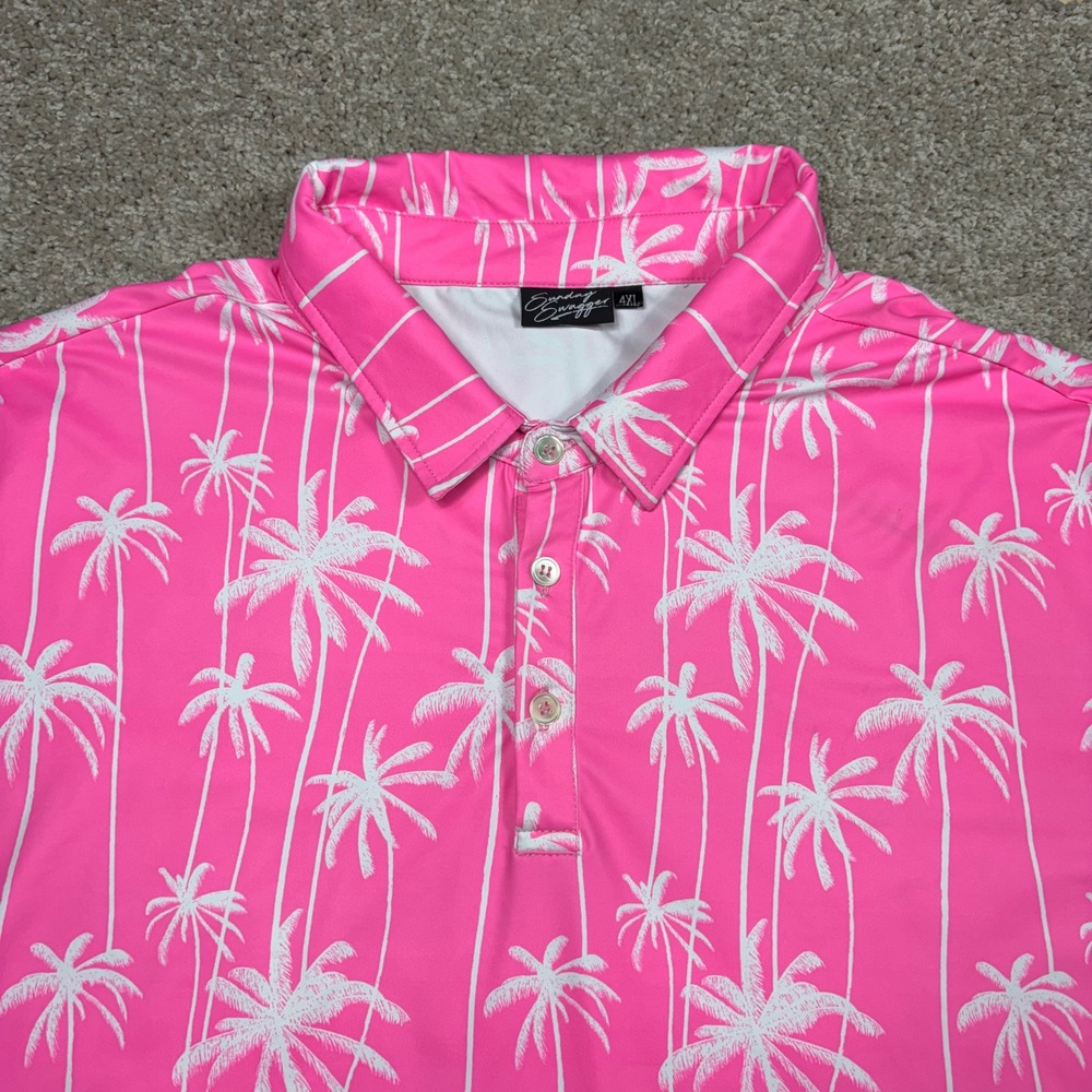 Sunday Swagger Mens 4XL Pink Palm Tree Performance Golf Polo Shirt Short Sleeve